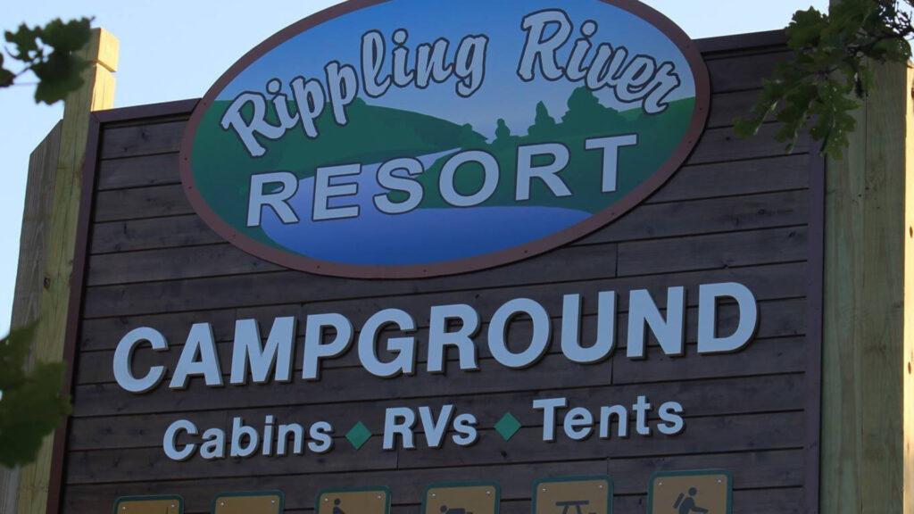 The Rippling River Resort sign, a camping spot in upper peninsula michigan