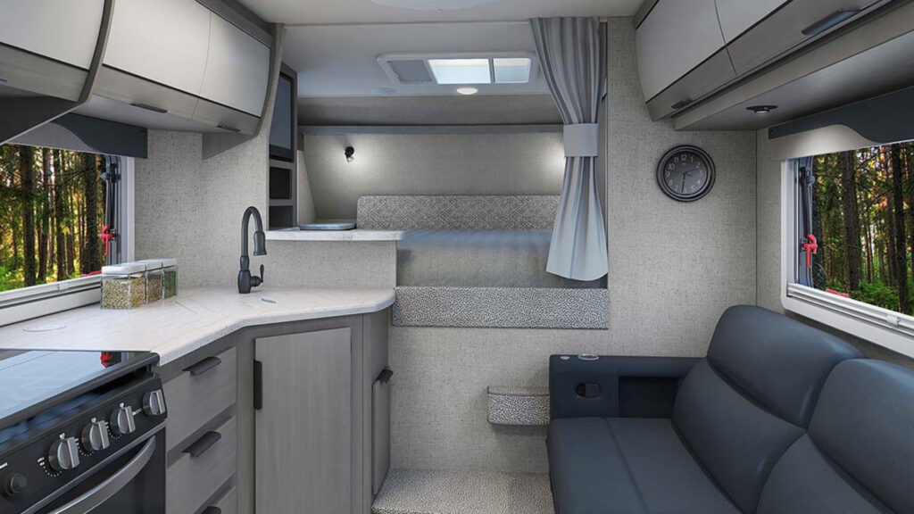 Inside the living area of a lance 650 truck camper
