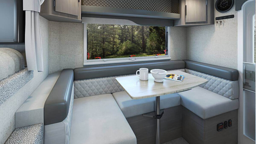 Inside the kitchen area of a lance 650 truck camper