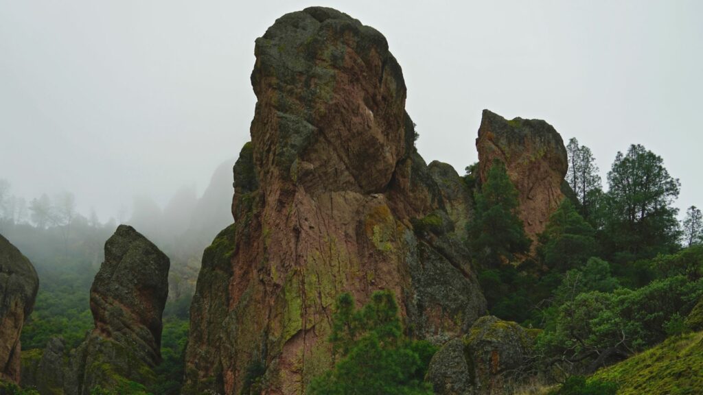 Pinnacle formations in fog and surrounded by green trees at Pinnacles National Park, one of the newest national park 
