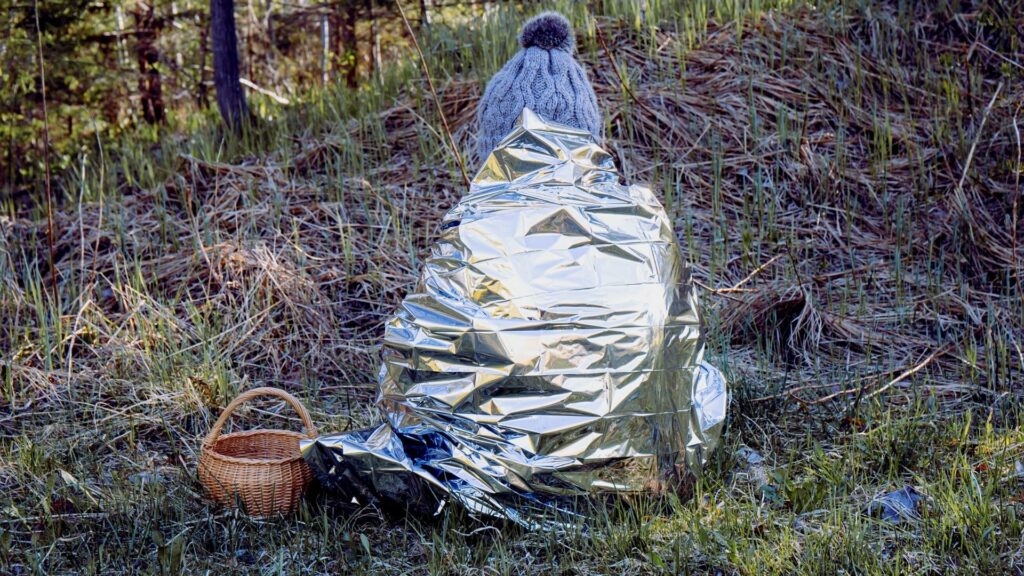 A woman sitting with her back to the camera with a silver emergency blanket wrapped around her, one of the important survival tools on our list
