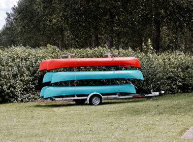 View of kayaks attached to a kayak trailer