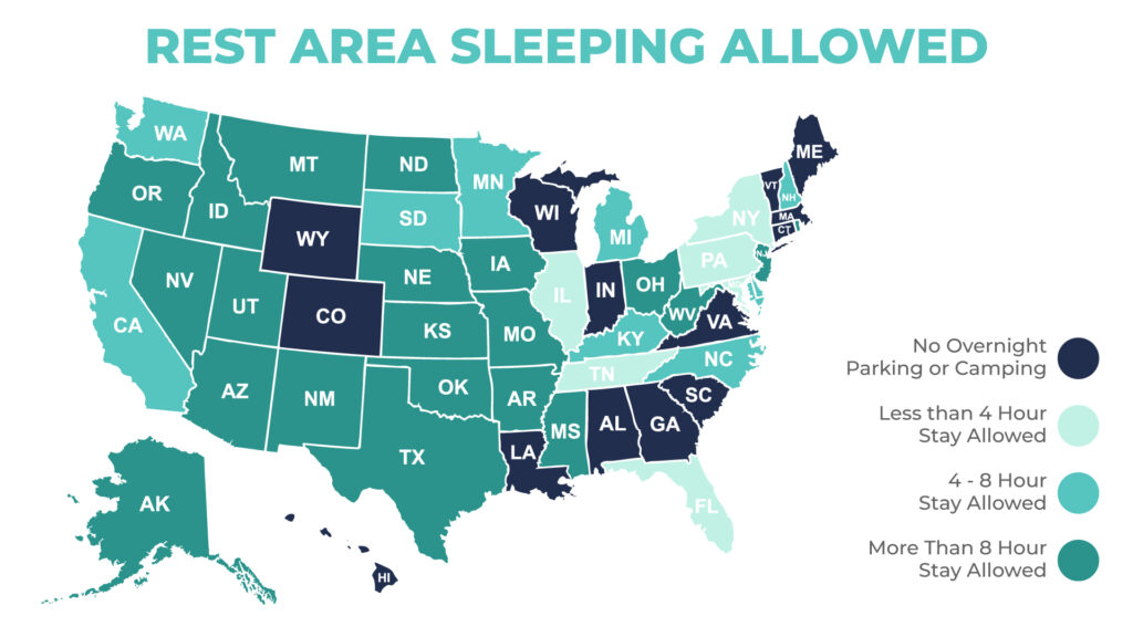 A diagram of the United States showing which states allow sleeping at rest areas 