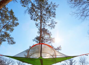 A hanging tent out in the woods