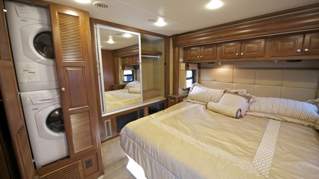 An RV bedroom with furniture 