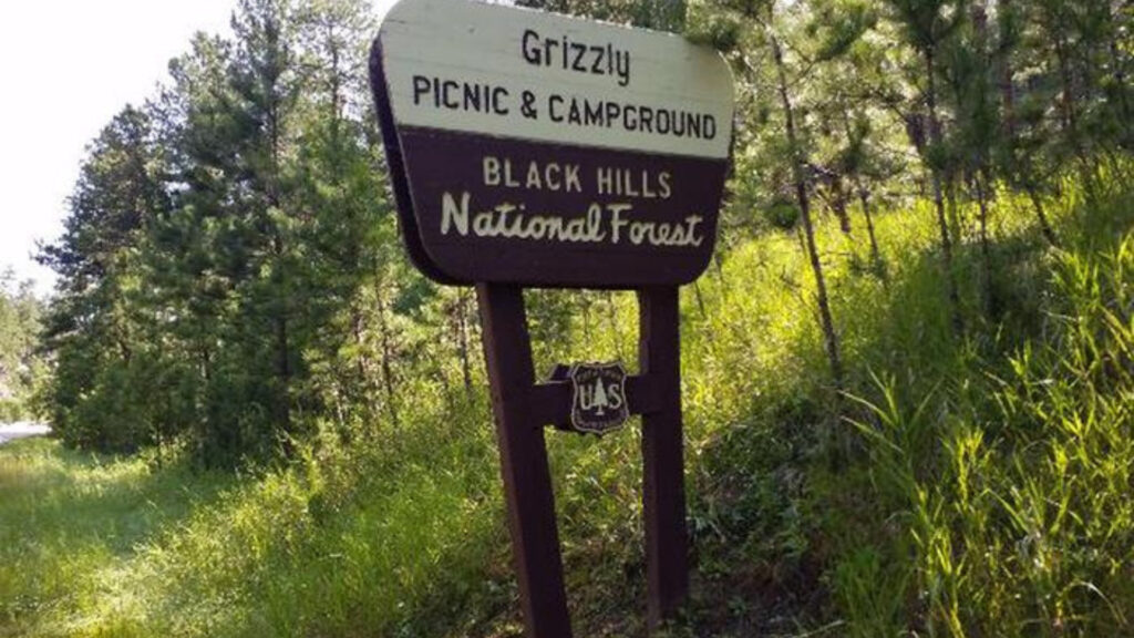 A sign for Grizzly Creek Primitive campground near Mount Rushmore