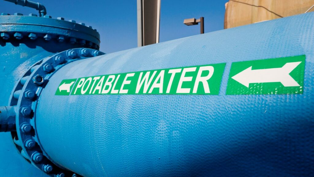 A water tank with a green sign that says potable water on the side
