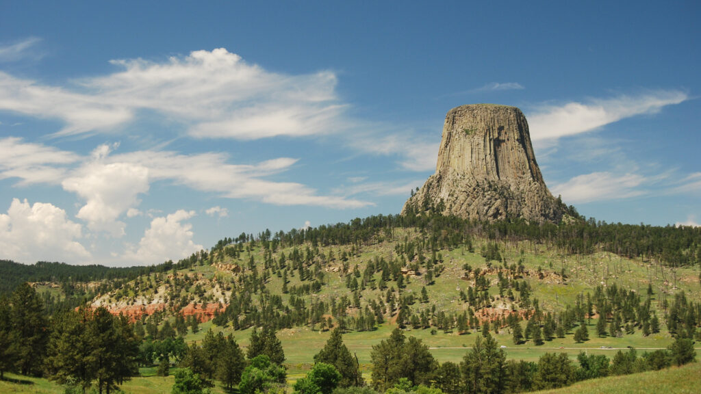 View of Devils Tower National Monument in Wyoming  along the longest highway in US