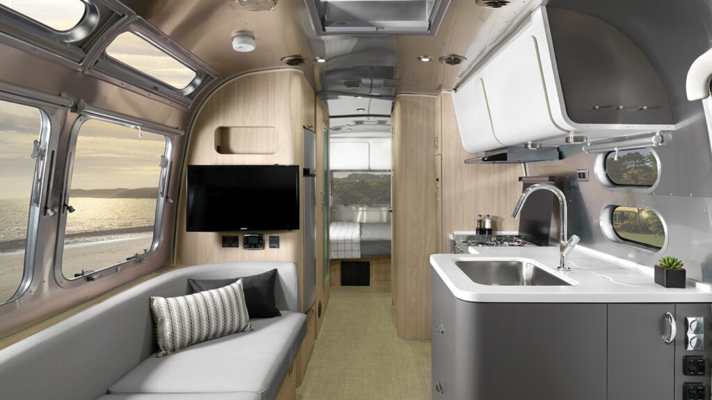 The inside of an Airstream RV that is used and for sale