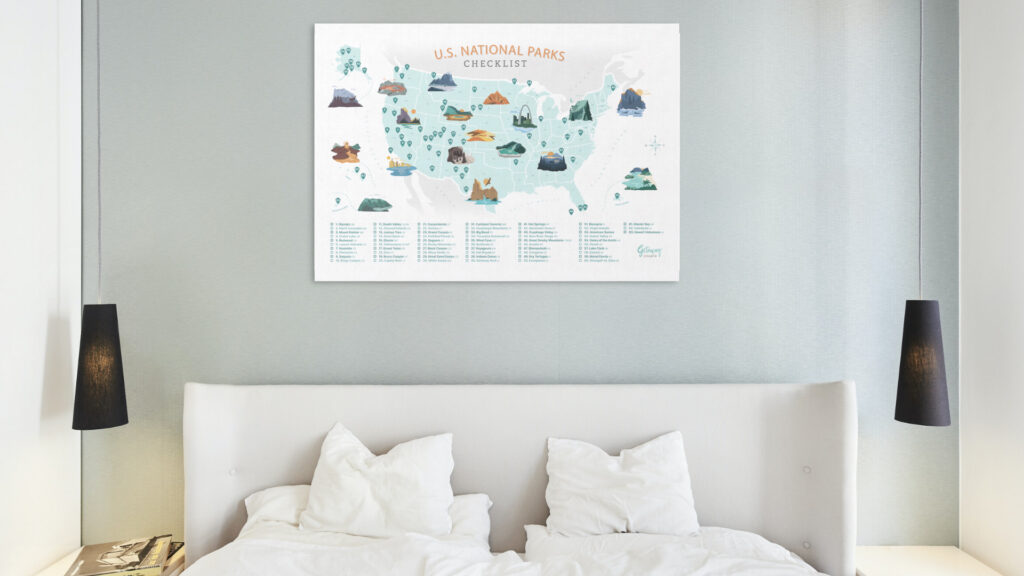 Free National Park Map Poster displayed above bed