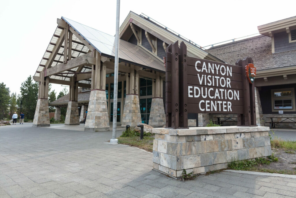 A sign for the Canyon Visitor Education Center in Yellowstone National Park 