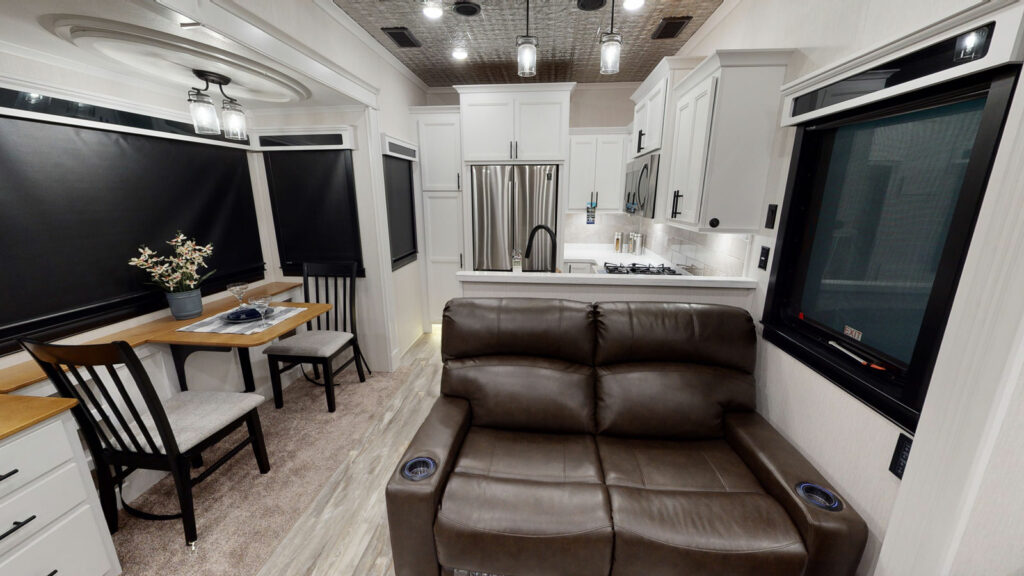 Interior shot of an RV with a stamped tin ceiling 