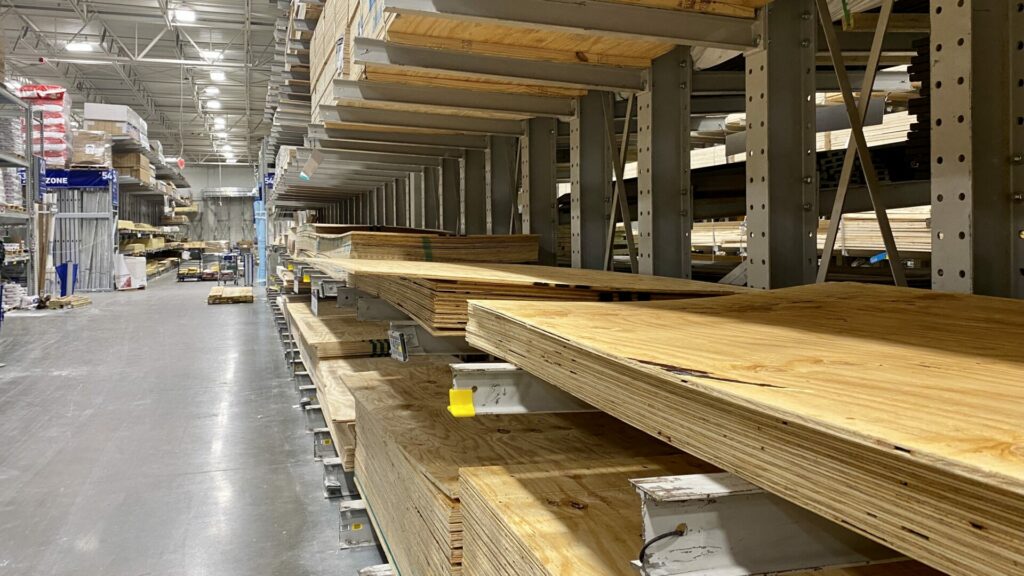 Plywood stacked in a hardware store 
