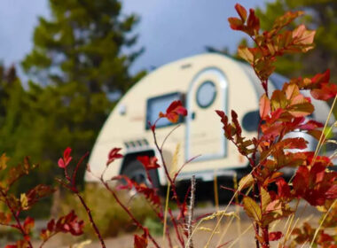 A NuCamp mini camper parked outside in the fall