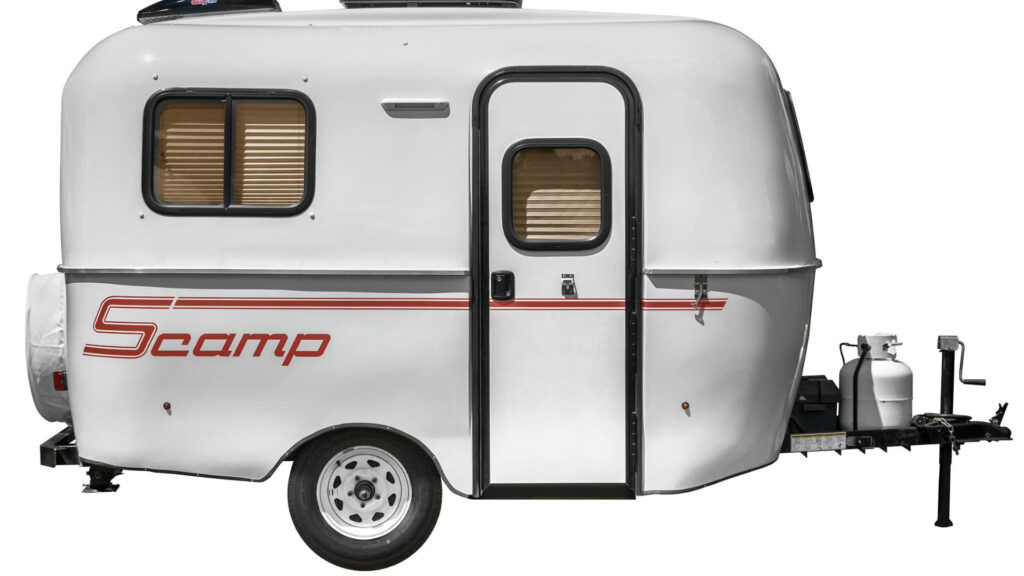 A product photo of a Scamp mini camper