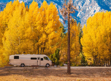 An RV parked during the fall camping in michigan