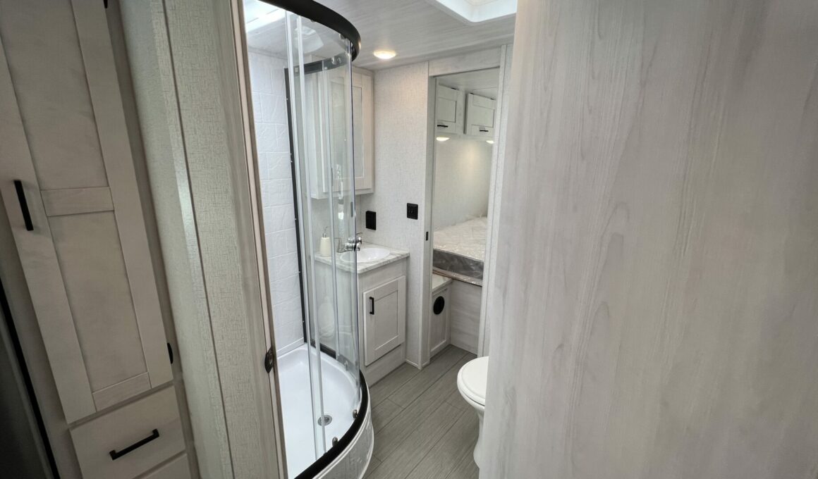 The luxury RV shower door in an RV