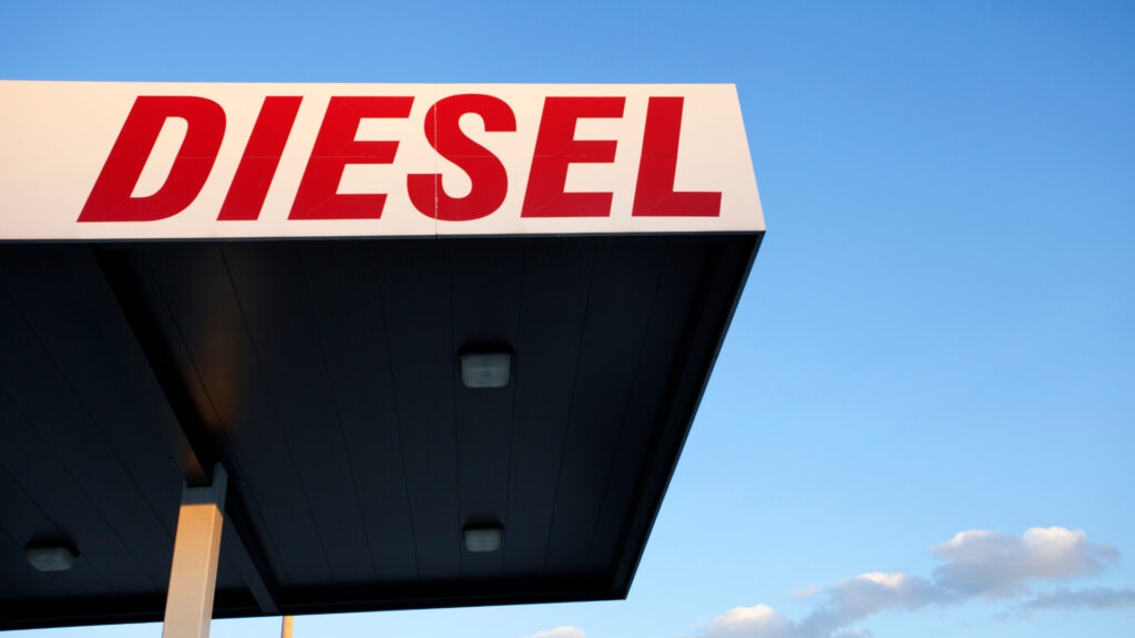 A Diesel sign at an rv friendly gas station