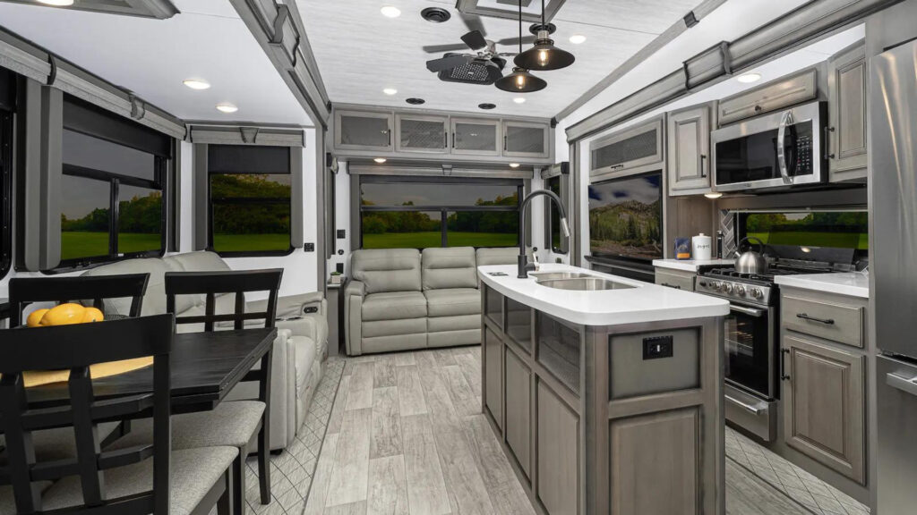 The kitchen area of a Keystone Montana 3761FL front living fifth wheel