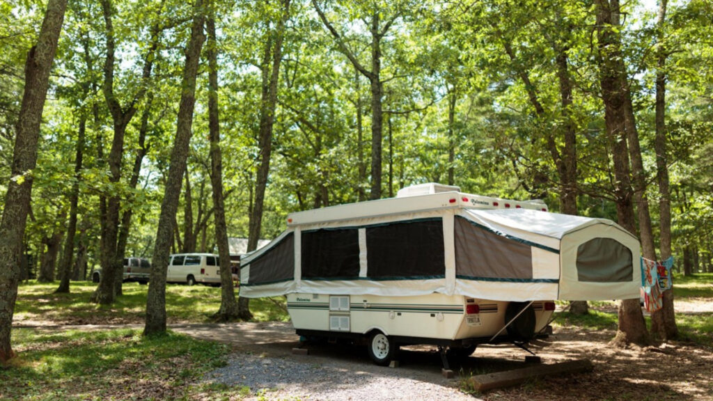 An RV parked at Big Meadows Campground a camping location in virginia mountains
