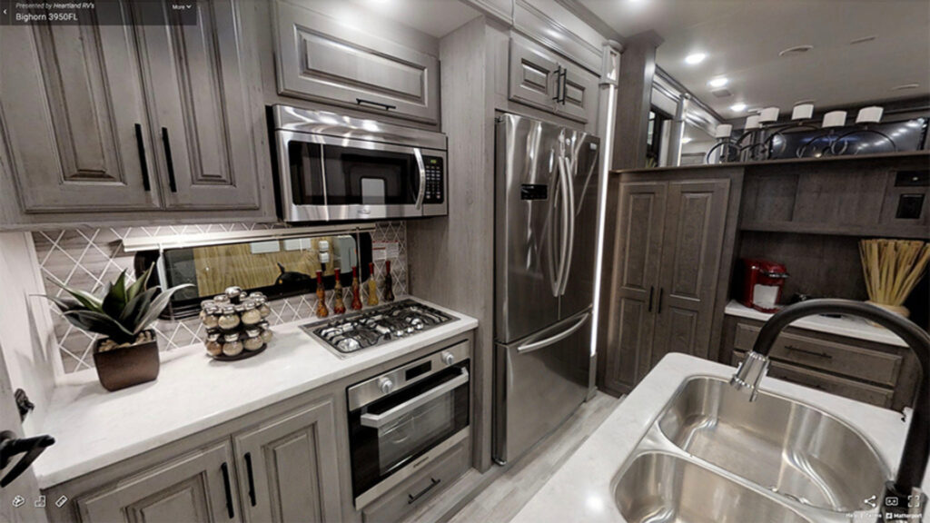 View of the kitchen in a Heartland Bighorn 3950FL, one of the best cold weather RVs