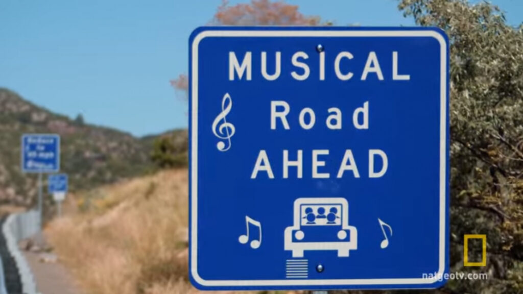 View of a musical road ahead sign on the musical highway