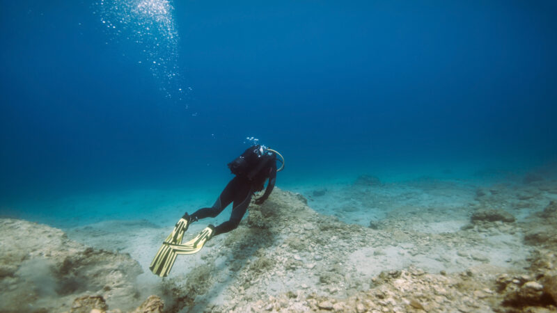 A person scuba diving in blue lagoon texas