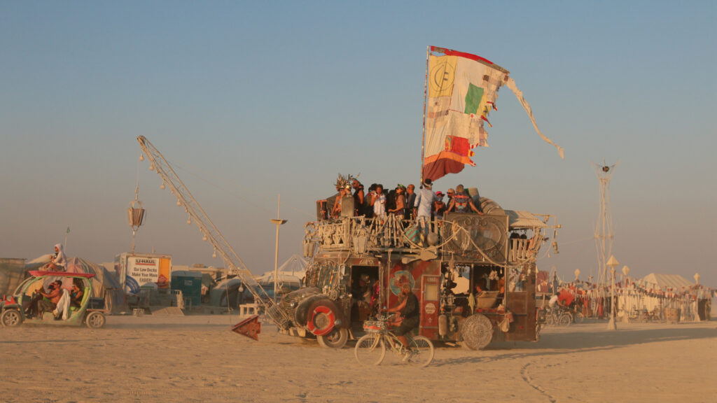 View of burning man where an RV rental was damaged