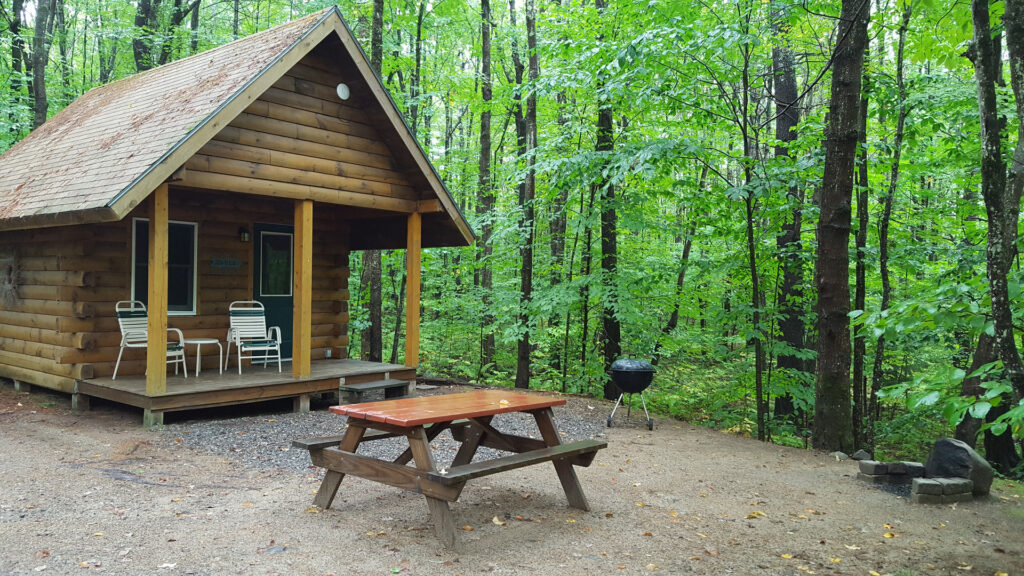 A cabin at Harbor Hill campground by lake winnipesaukee