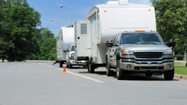 View of RVs parked at their next rest stop on their route