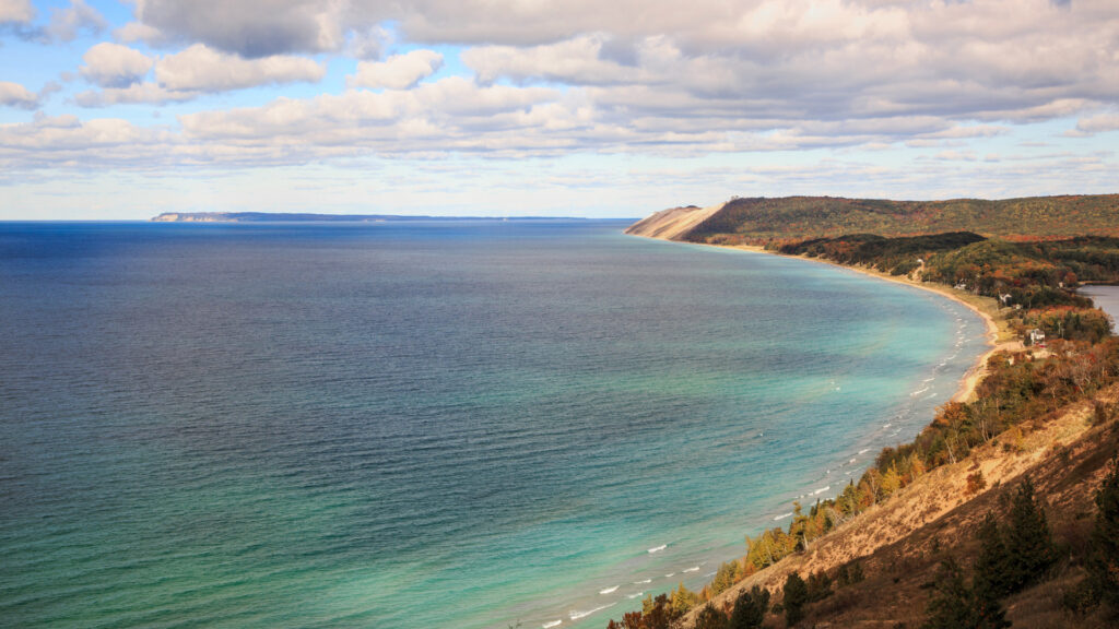 View of a bluff over Lake Michigan near tunnel of trees