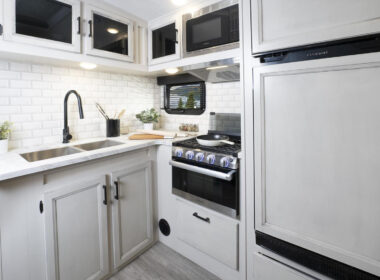 The rear kitchen inside a Jayco Eagle travel trailer