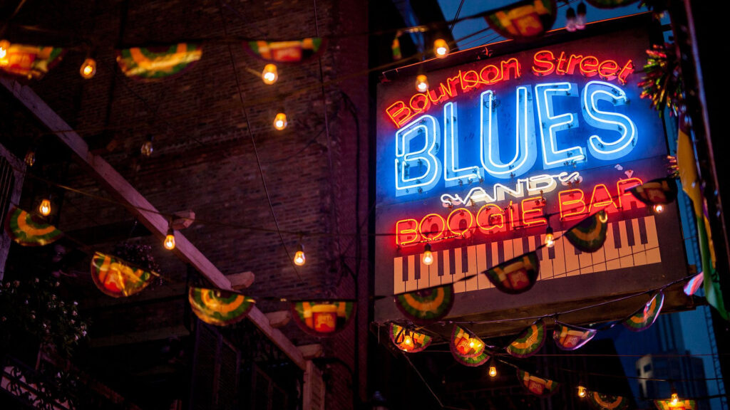 Bourbon Street Blues and Boggie Bar sign in printers alley nashville