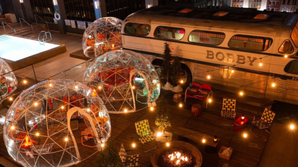 View of Bobby Hotel Rooftop Lounge in the winter on printers alley in nashville