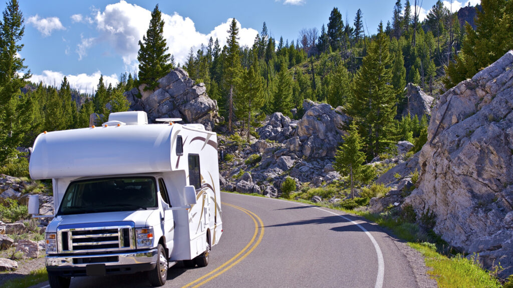 An RV leaving Yellowstone National park after visiting