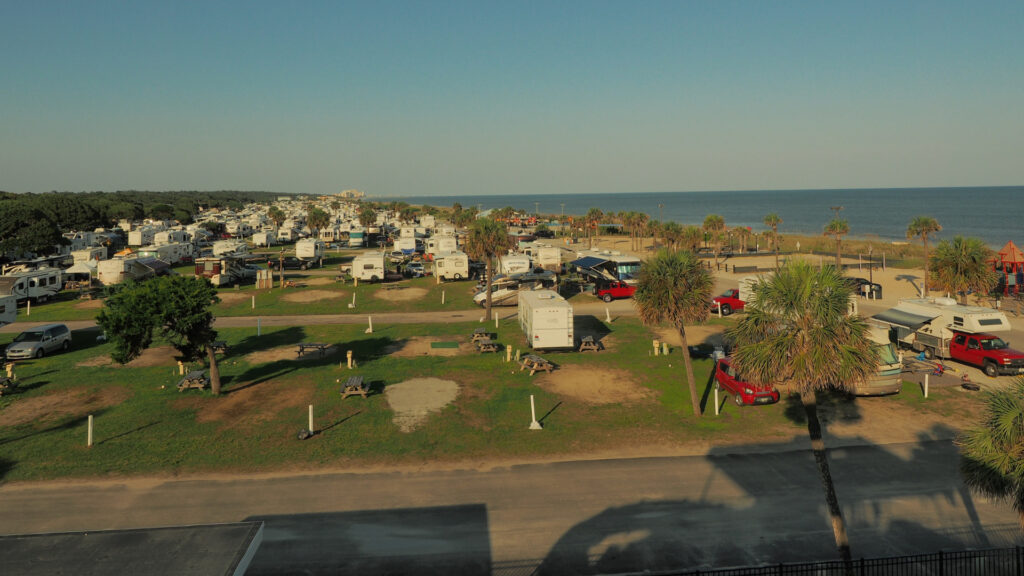View of RVs parked at a Thousand Trails membership used to save on the cost of nightly fees
