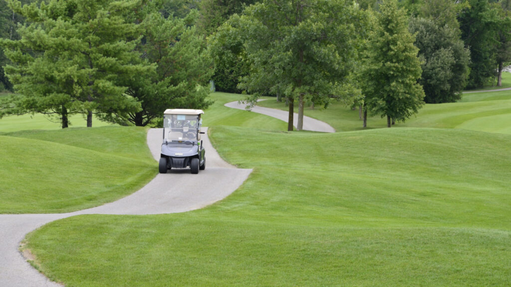 A person driving in their street legal golf cart 