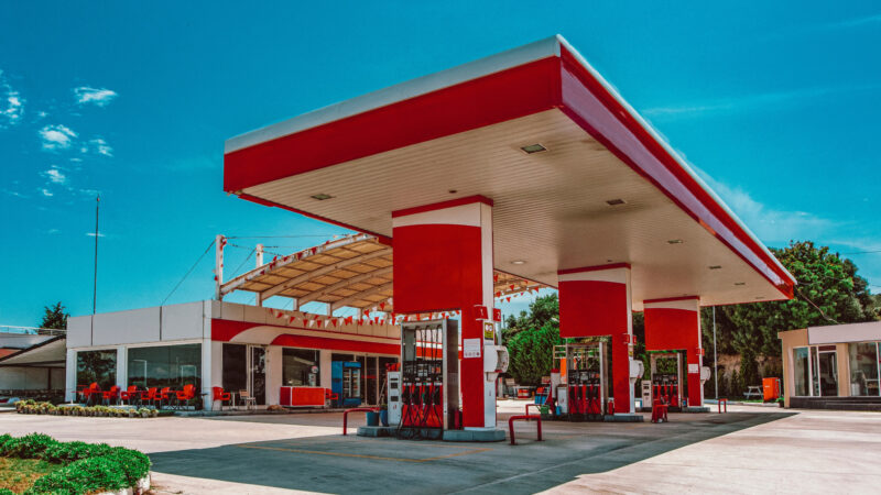 A gas station that has bathrooms inside