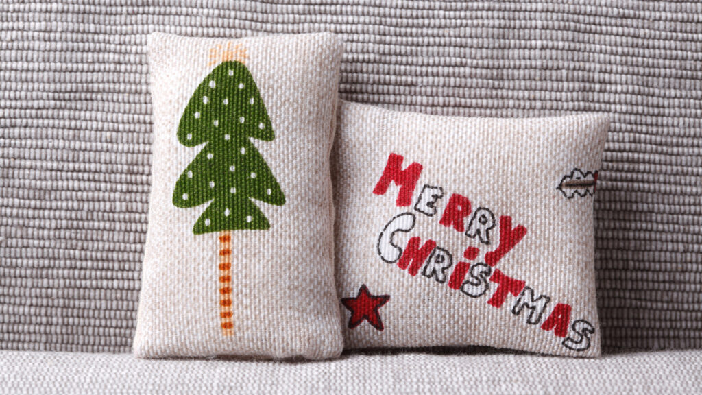 Close up of Christmas pillows as an rv christmas decoration