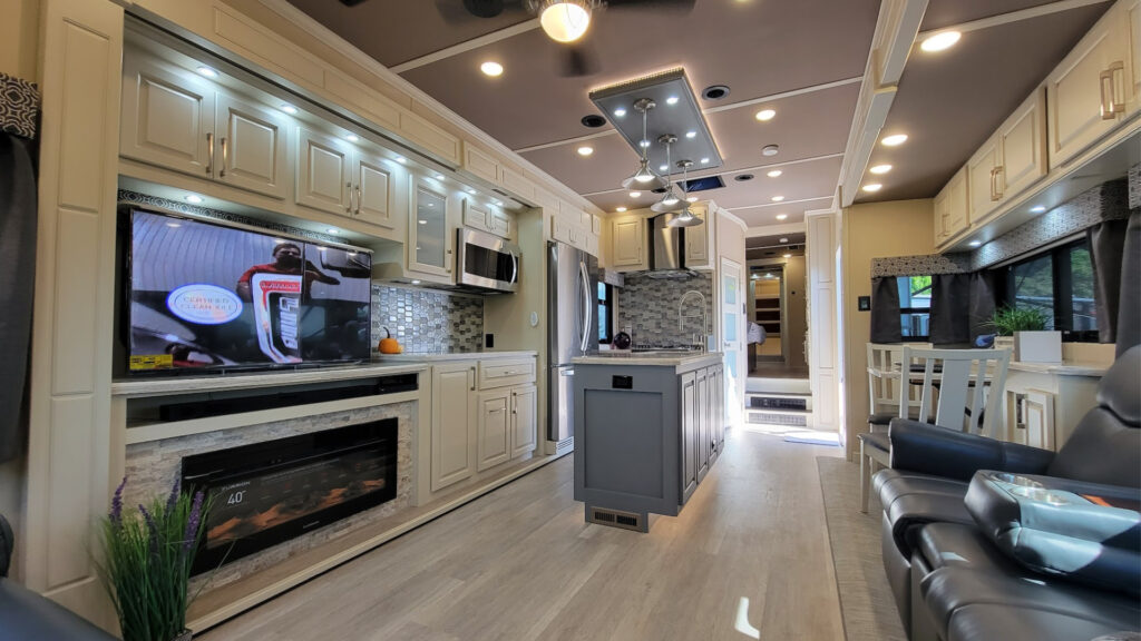 The living area inside a Luxe Elite fifth wheel