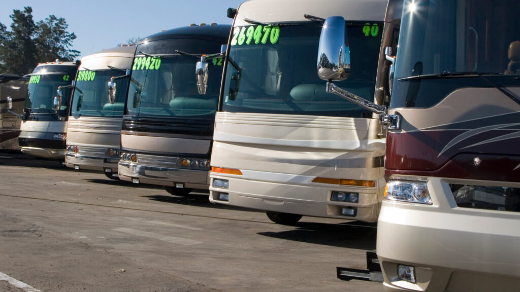 New RVs for sale at an RV lot