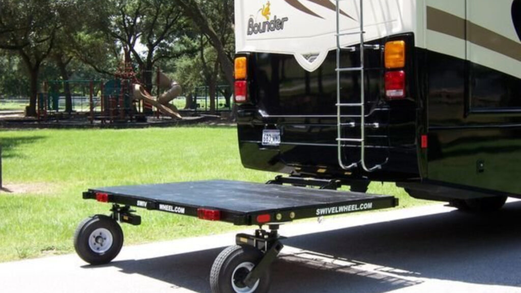 Swivelwheel-58 Dual Wheel golf cart carrier attached to an RV