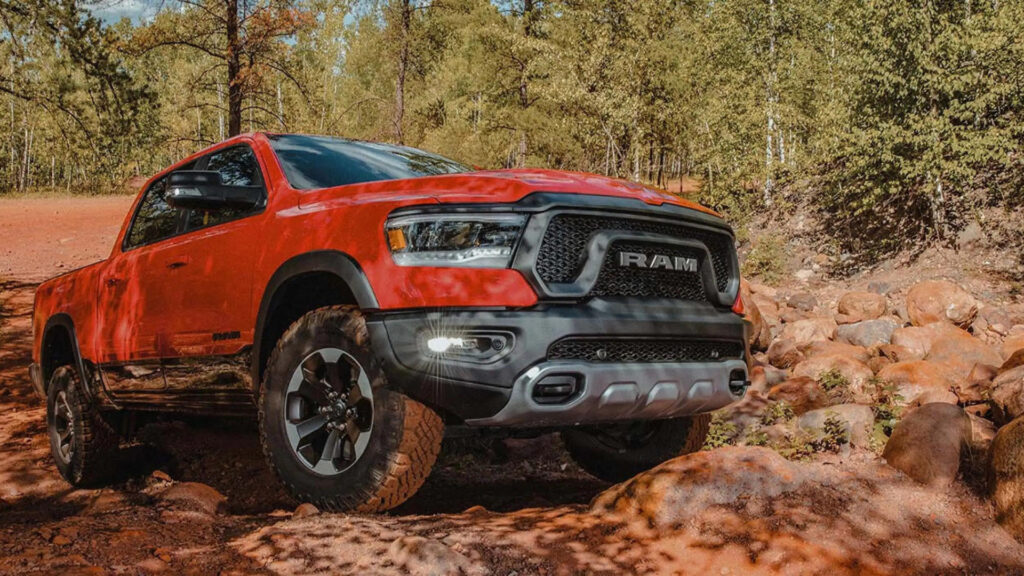 A red Ram 1500 truck with an impressive towing capacity