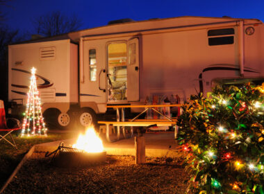 An RV decorated for Christmas with slide outs the have moved on their own