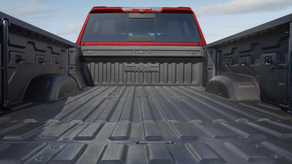 The back of a gmc sierra 3500 with a great towing capacity