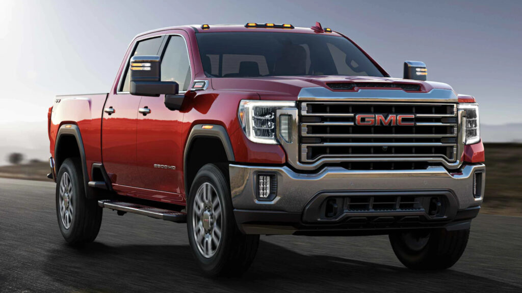 A red gmc sierra 3500 with a great towing capacity