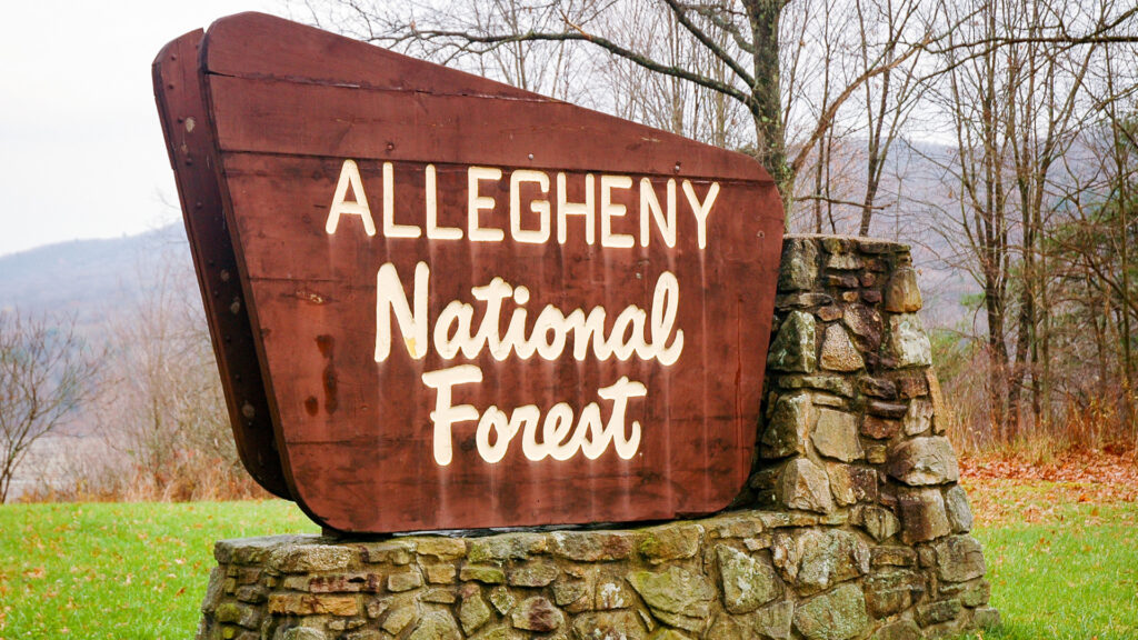 The entering sign for Allegheny National Forest near many camping spots by philadelphia