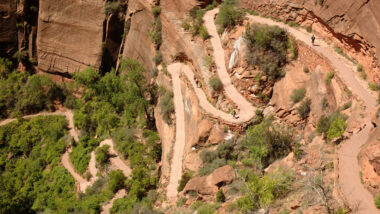 View of Angels Landing, a popular hike with switchbacks