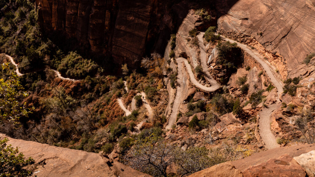 View of Angels Landing, a popular hike with switchbacks