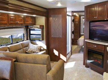 view of an RV living room with an RV couch replacement
